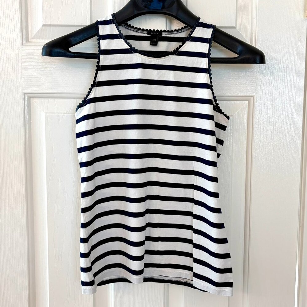 J Crew Faux Leather Scalloped Trim Tank Top White/Blue Stripe, XXS